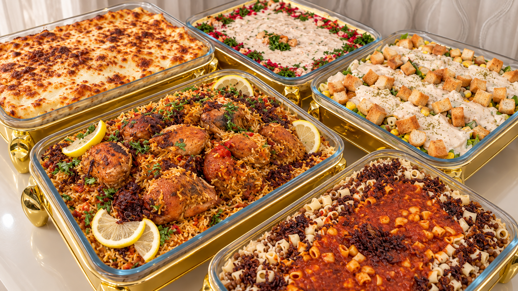 بوفيه أكلات متنوعة، يضم الأرز بالدجاج والمعكرونة والسلطات.